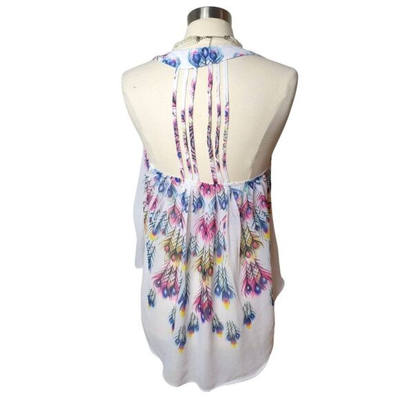 Penelope Womens Sleeveless Blouse XL Peacock Print Featival Strappy Boho - Picture 2 of 7